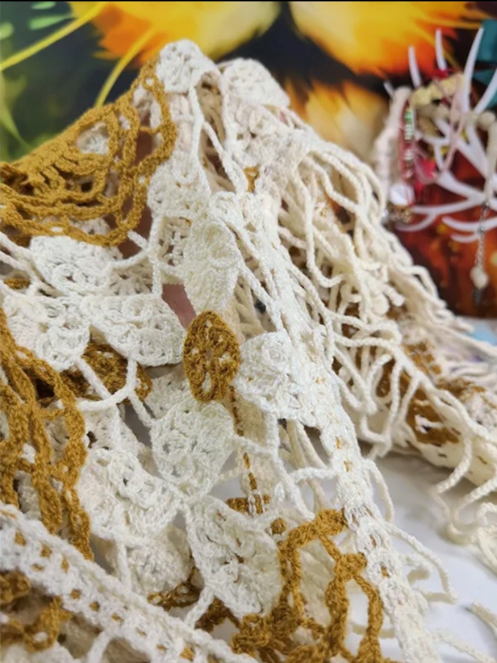 Boho Crochet Fringe Top/Poncho in Cream & Mustard O/S (fits most) - Picture 2 of 4